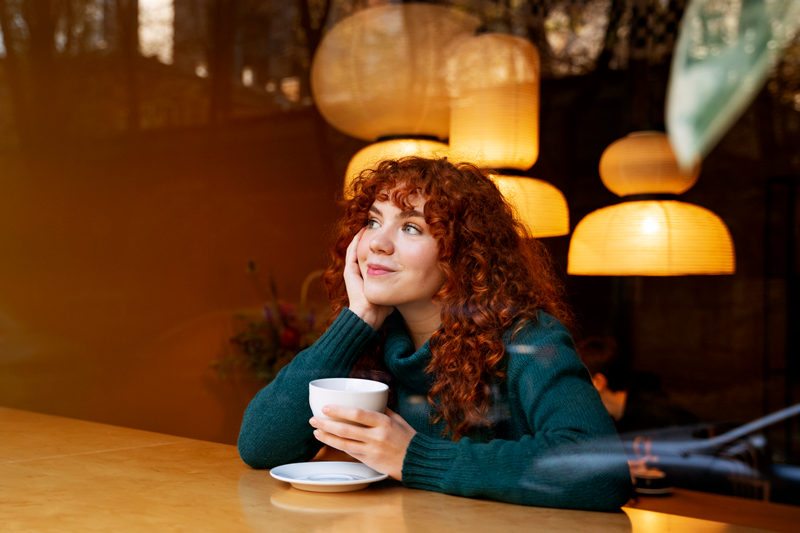 mujer pelo rizado y pelirroja tomando café y pensativa